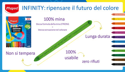 Maped - Pastelli colorati Color'PEPS INFINITY – 12  pezzi – 100% mina colorata – non è necessario temperare