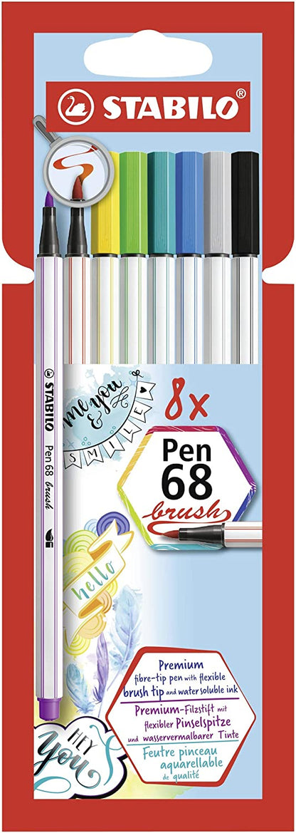 Pennarello Premium con punta a pennello - STABILO Pen 68 brush - Pack da 8 - con 8 colori assortiti