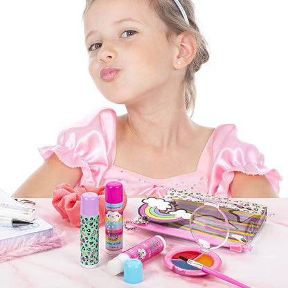 Tri-Coastal Design - Simple Pleasures | Set Burrocacao | 3 Profumazioni Assortite | Pennello Labbra | Borsetta Riutilizzabile in PVC | 4,2 g cad. | Un Primo Trucco per Sentirsi Grandi